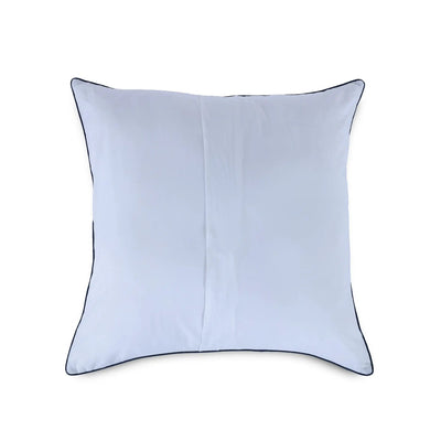 Reverse side of light blue pillow sham with black piped edges, shown flat against a solid white background.