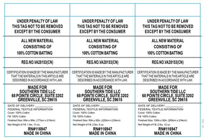 Textured label with legal notices and product details on a blue background