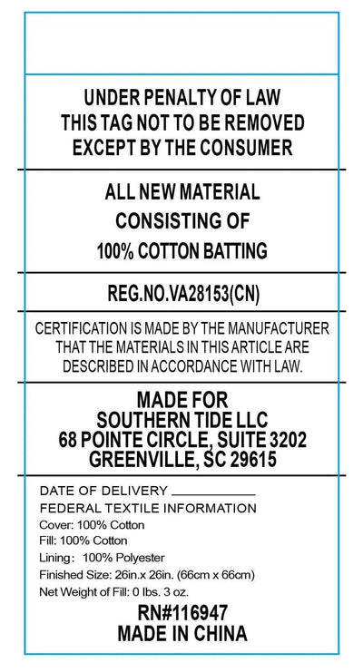 Text label on a white background with blue border, detailing product information and legal notice.