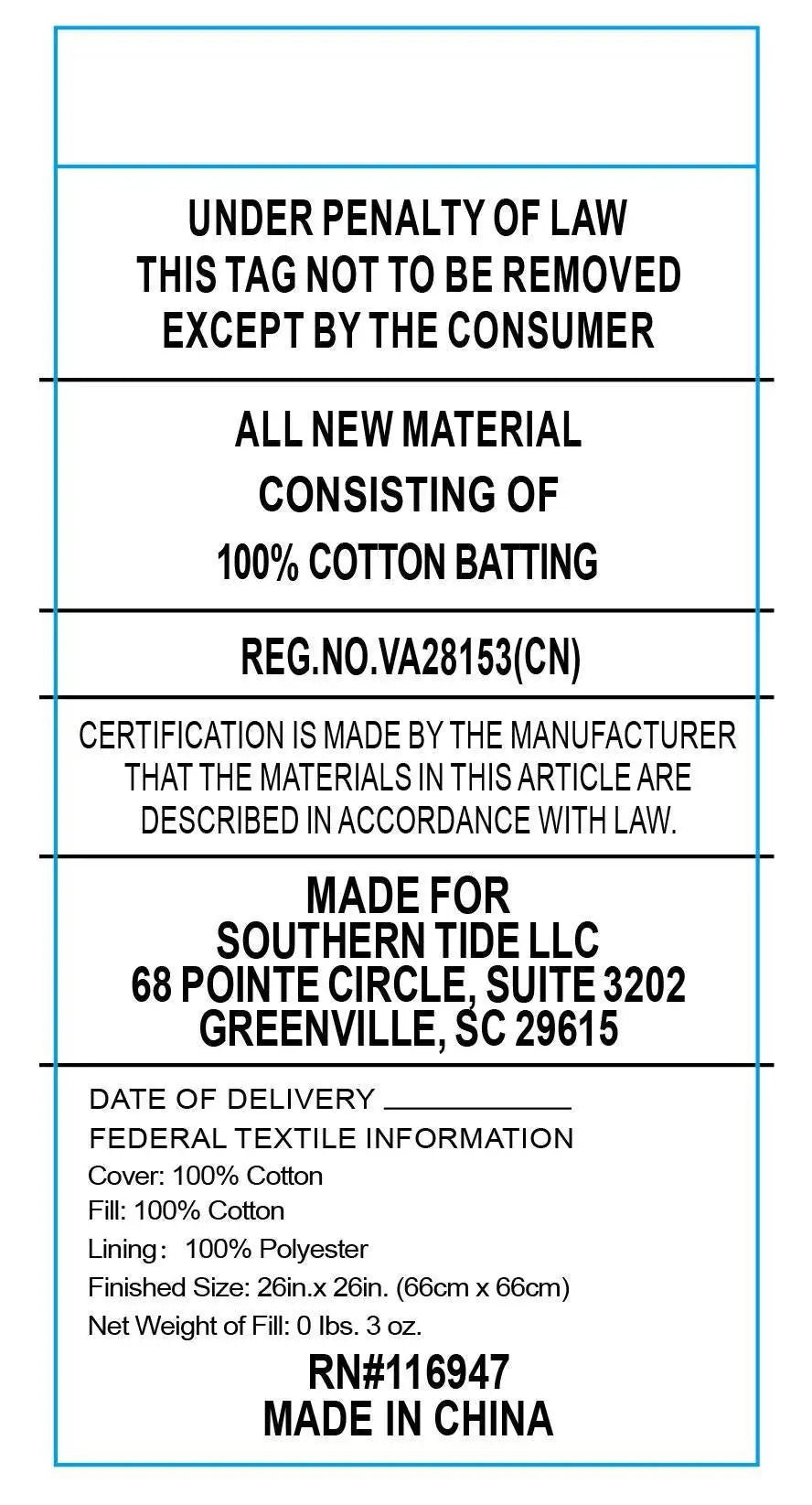 Text label on a white background with blue border, detailing product information and legal notice.