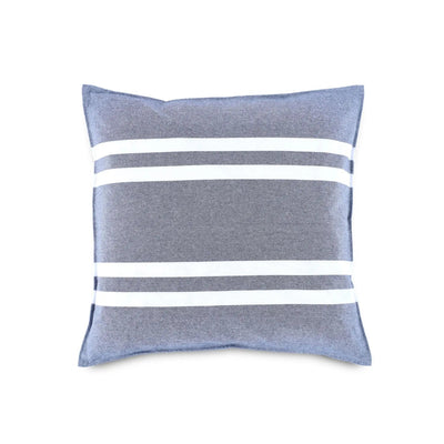 A square throw pillow in a heathered slate blue fabric with three horizontal white stripes, shown against a plain white background.