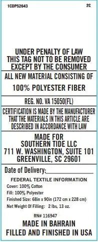 A rectangular white fabric care label with black printed text, showing product information.
