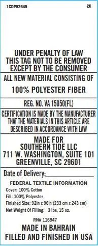 Fabric label with text about material composition, certification, and manufacturing details.