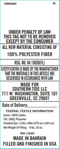Product label with text about material composition, certification, and manufacturing details.