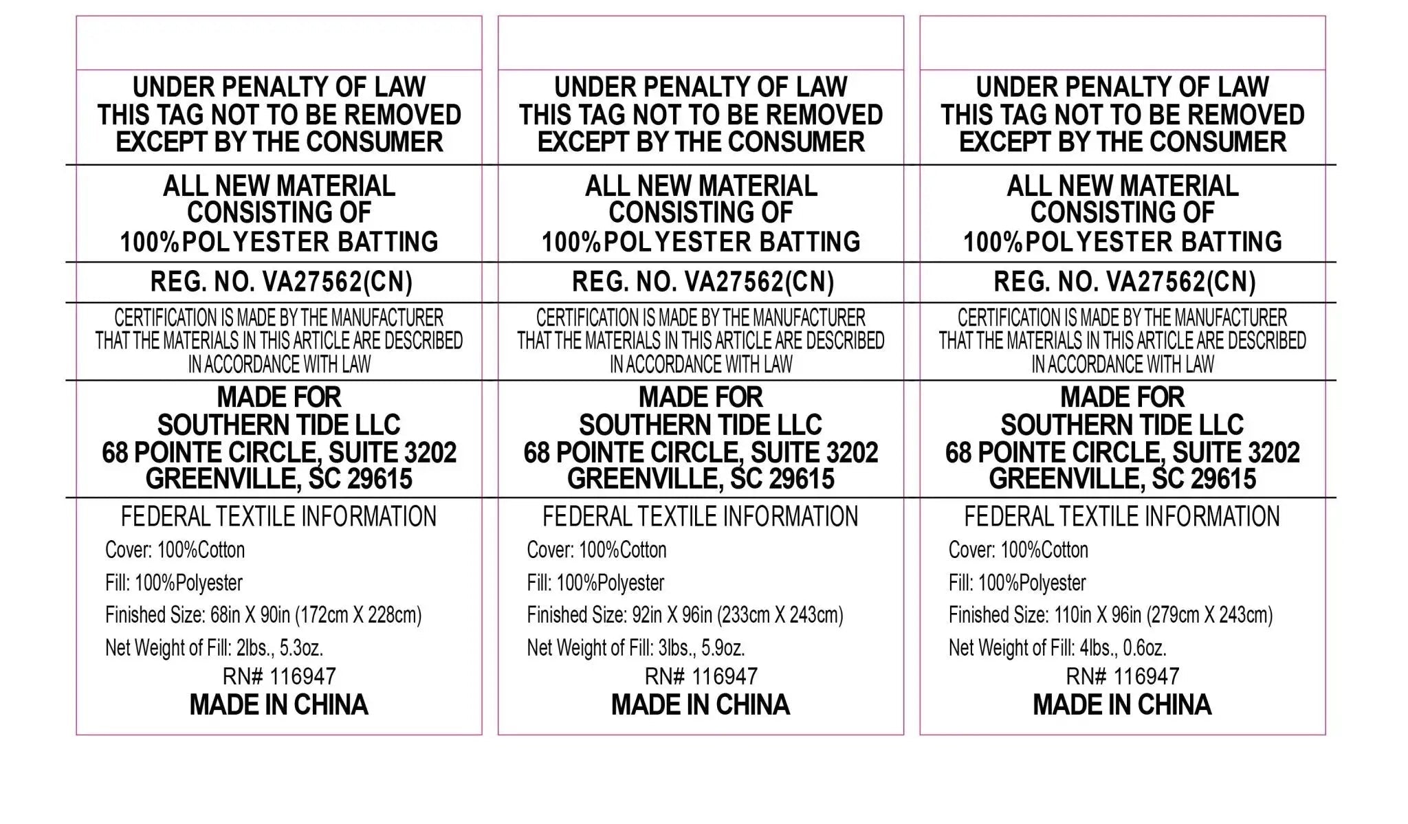 Four identical white law labels with black text detailing product specifications.