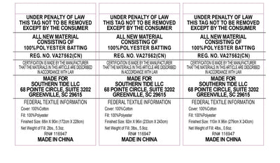 Four identical white law labels with black text detailing product specifications.