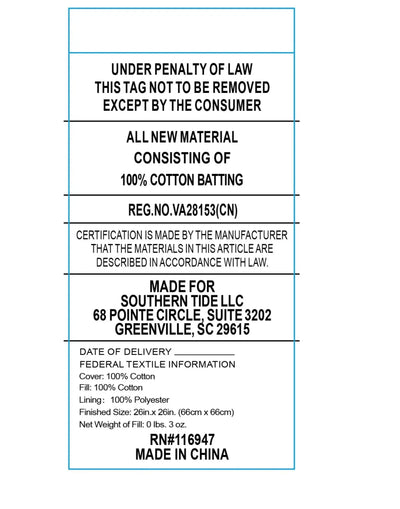 Fabric label with text about material composition, certification, and manufacturing details.