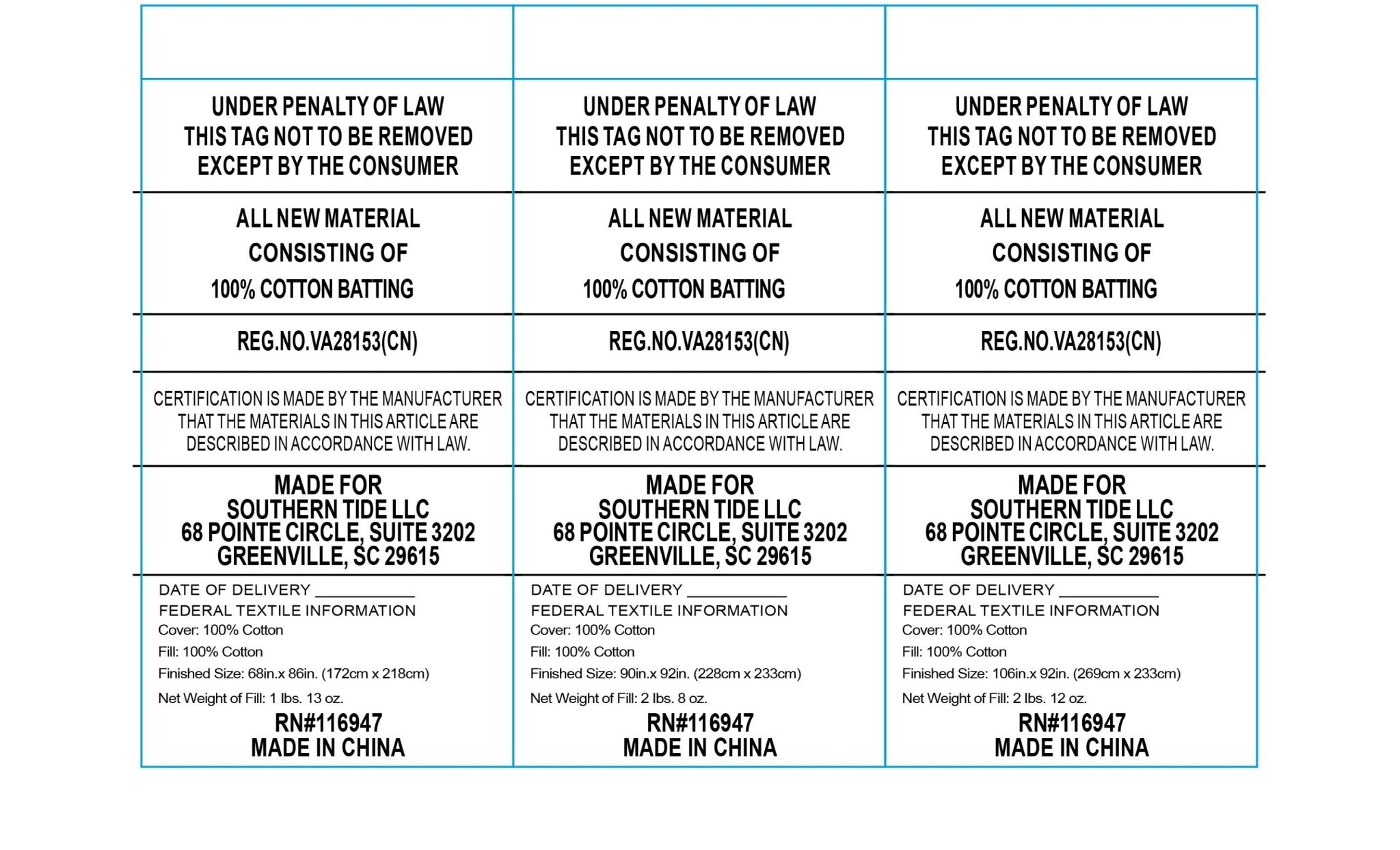 Textured label with legal notices and product details on a white background
