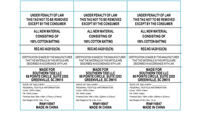 Textured label with legal notices and product details on a white background