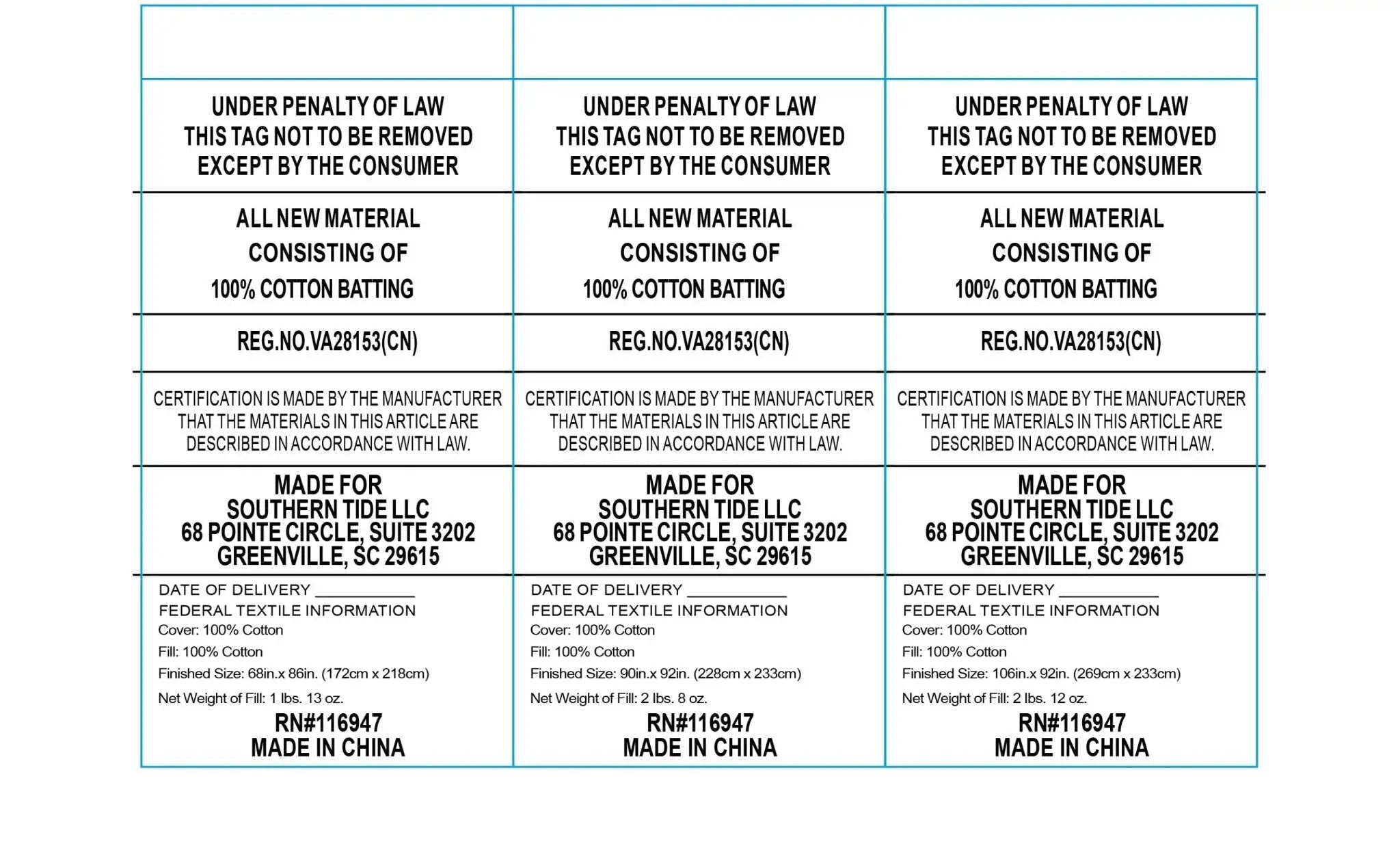 A law label with a white background and a blue grid, containing text details about cotton batting, regulatory compliance, and manufacturer information for Southern Tide LLC.