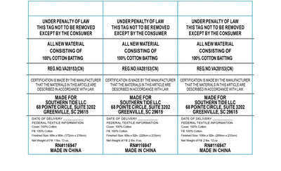 A law label with a white background and a blue grid, containing text details about cotton batting, regulatory compliance, and manufacturer information for Southern Tide LLC.