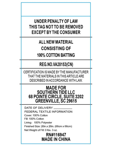 Fabric label with text about material composition, certification, and manufacturing details.