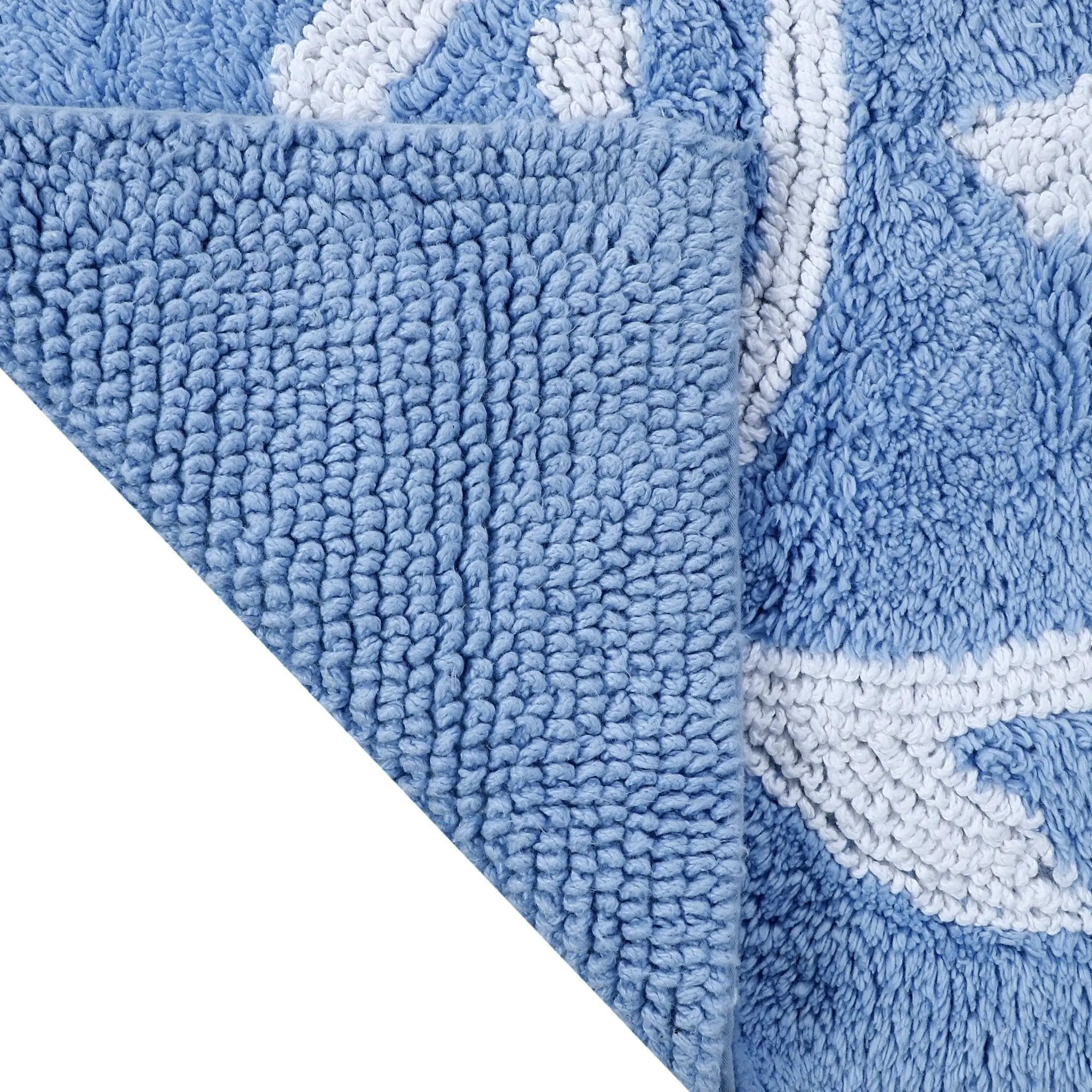 Close-up of a light blue textured rug.