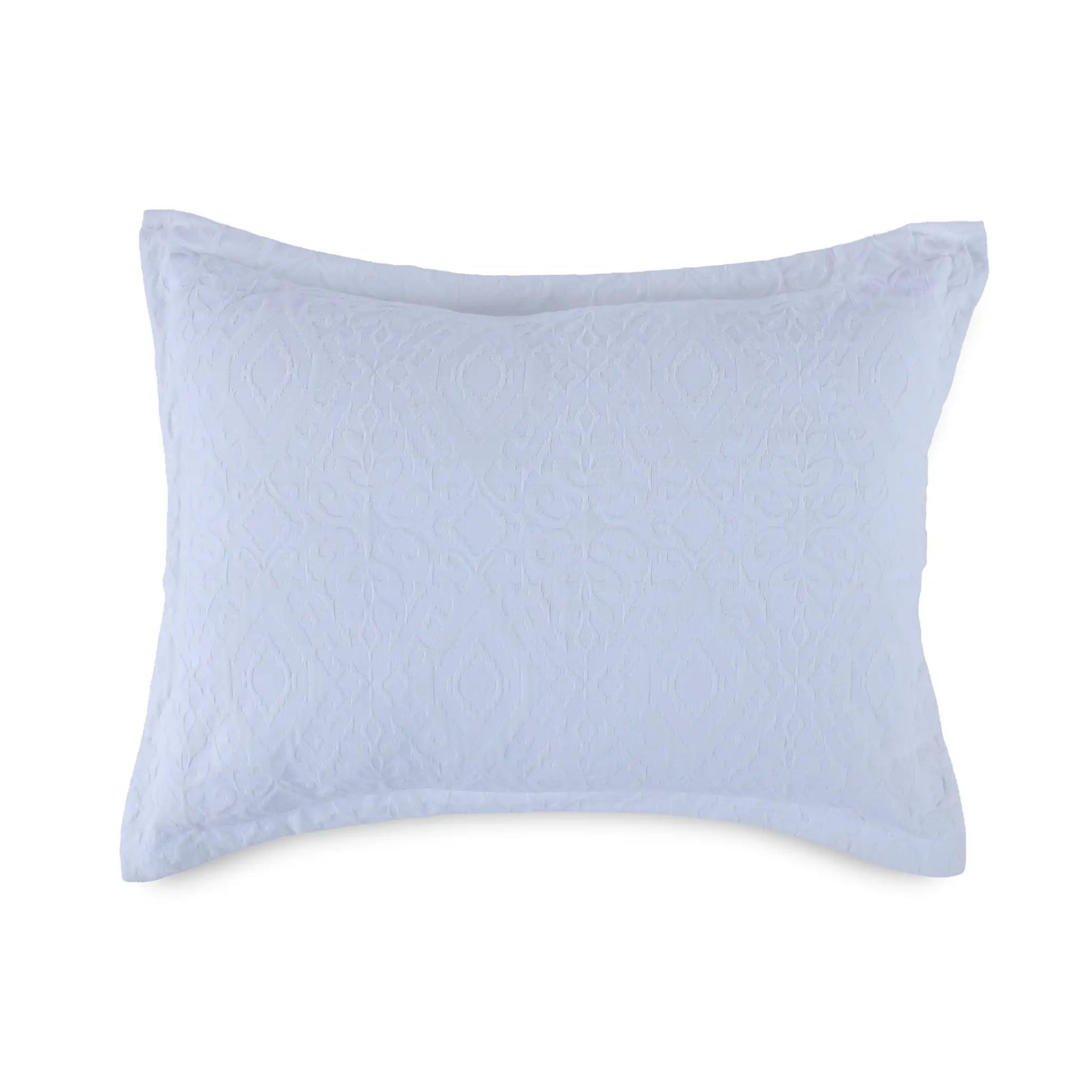 A white pillow sham with a subtle embossed damask pattern, shown against a plain white background.