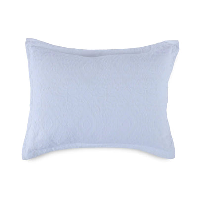 A white pillow sham with a subtle embossed damask pattern, shown against a plain white background.