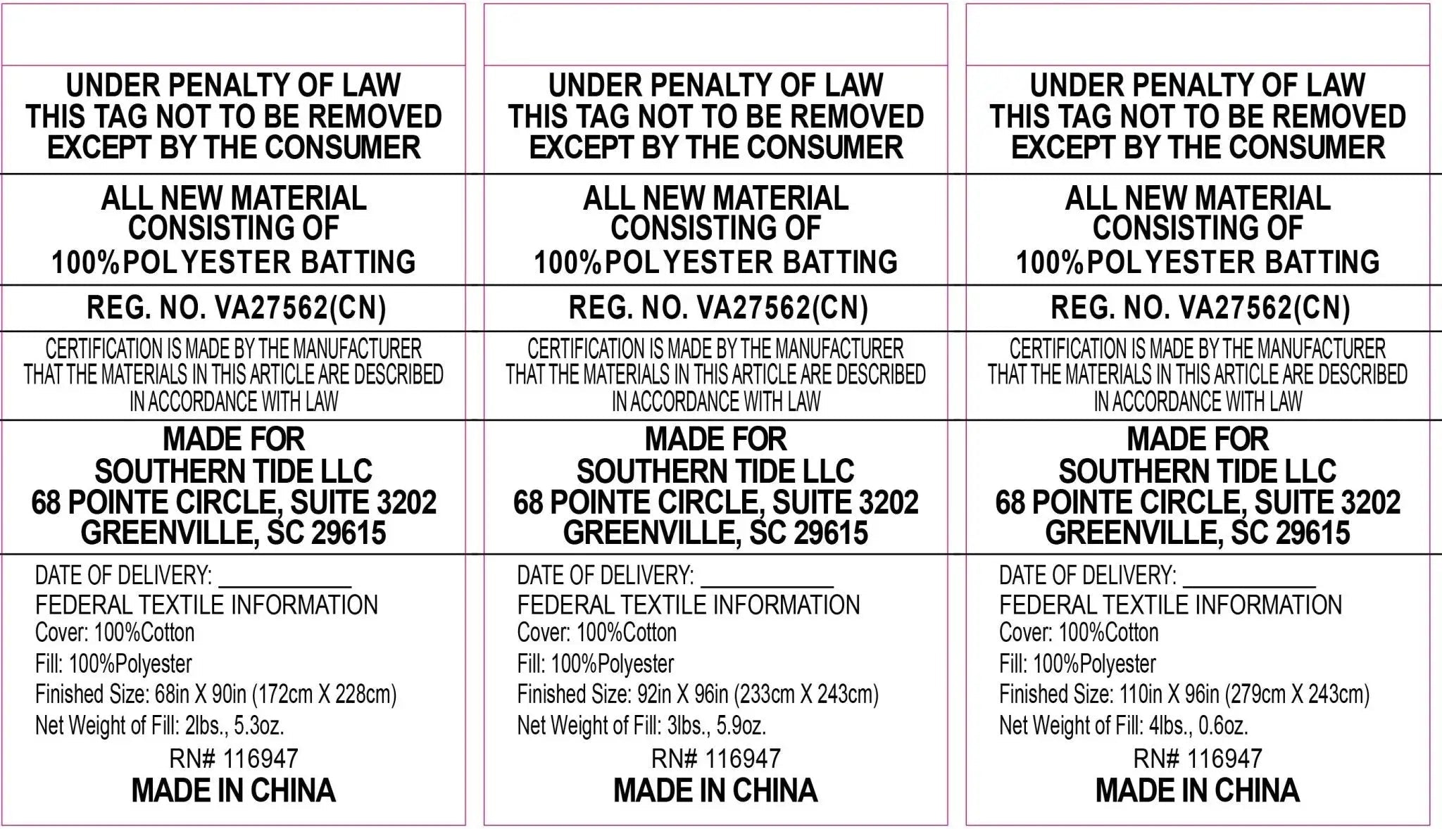 A close-up of a white fabric law label with product information.