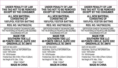A close-up of a white fabric law label with product information.