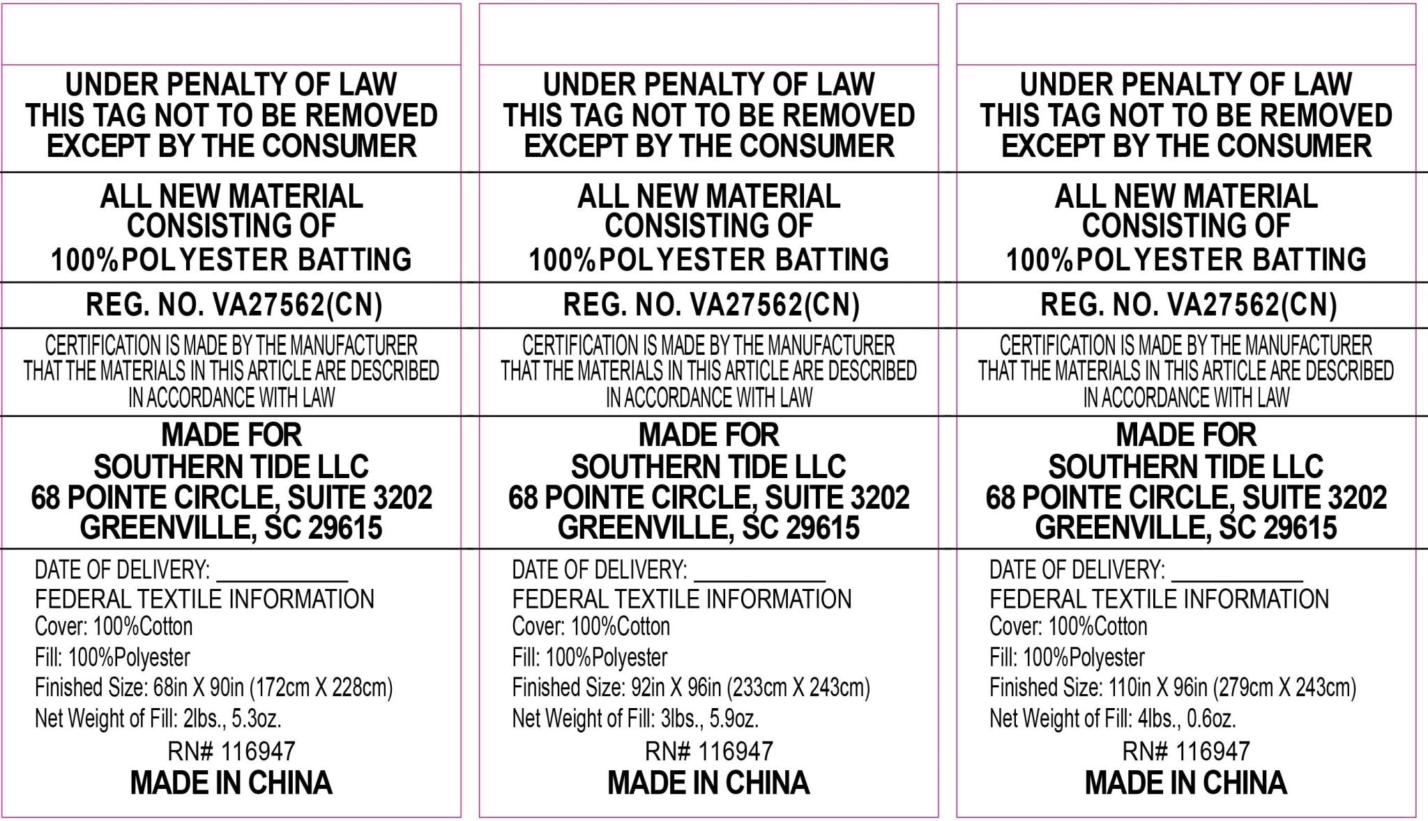 Three identical labels with text and branding information on a white background