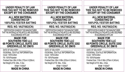 Three identical labels with text and branding information on a white background