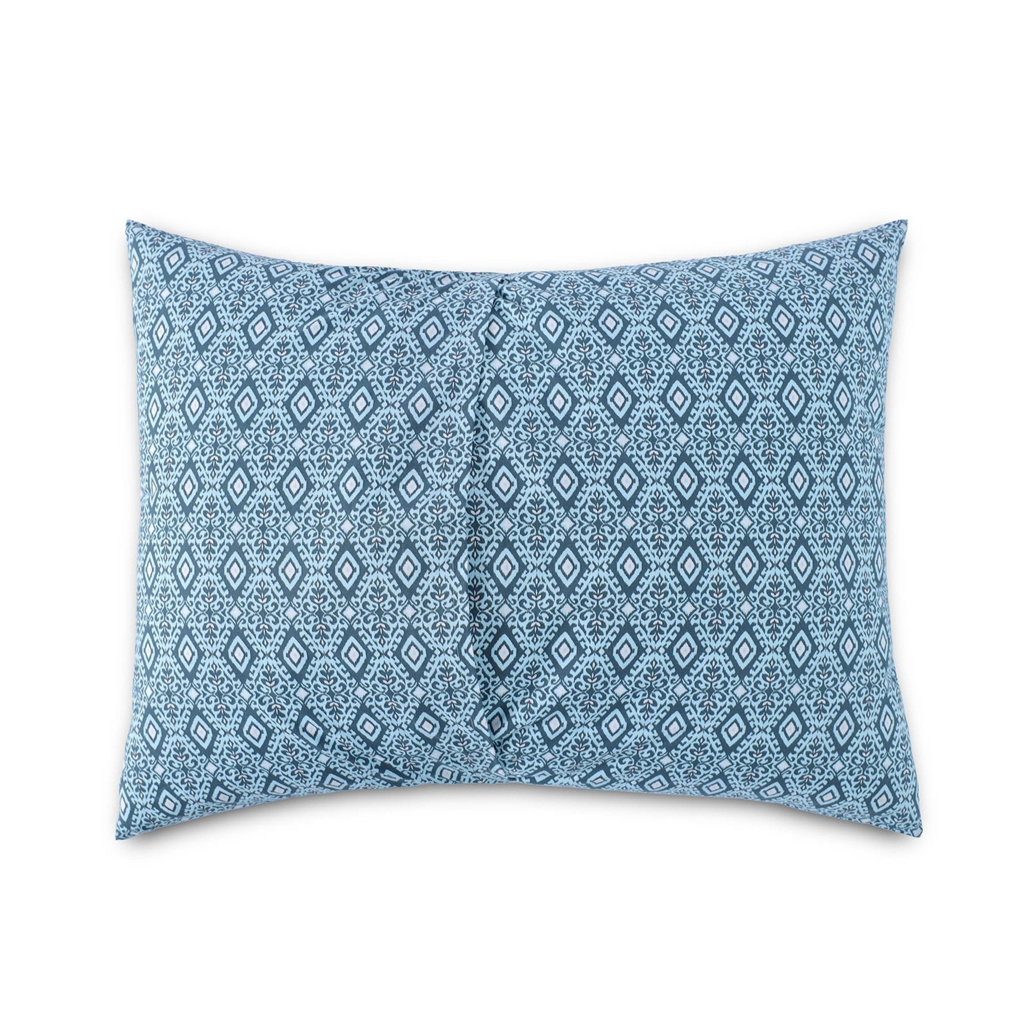 Reverse view of a blue patterned sham on a white background.