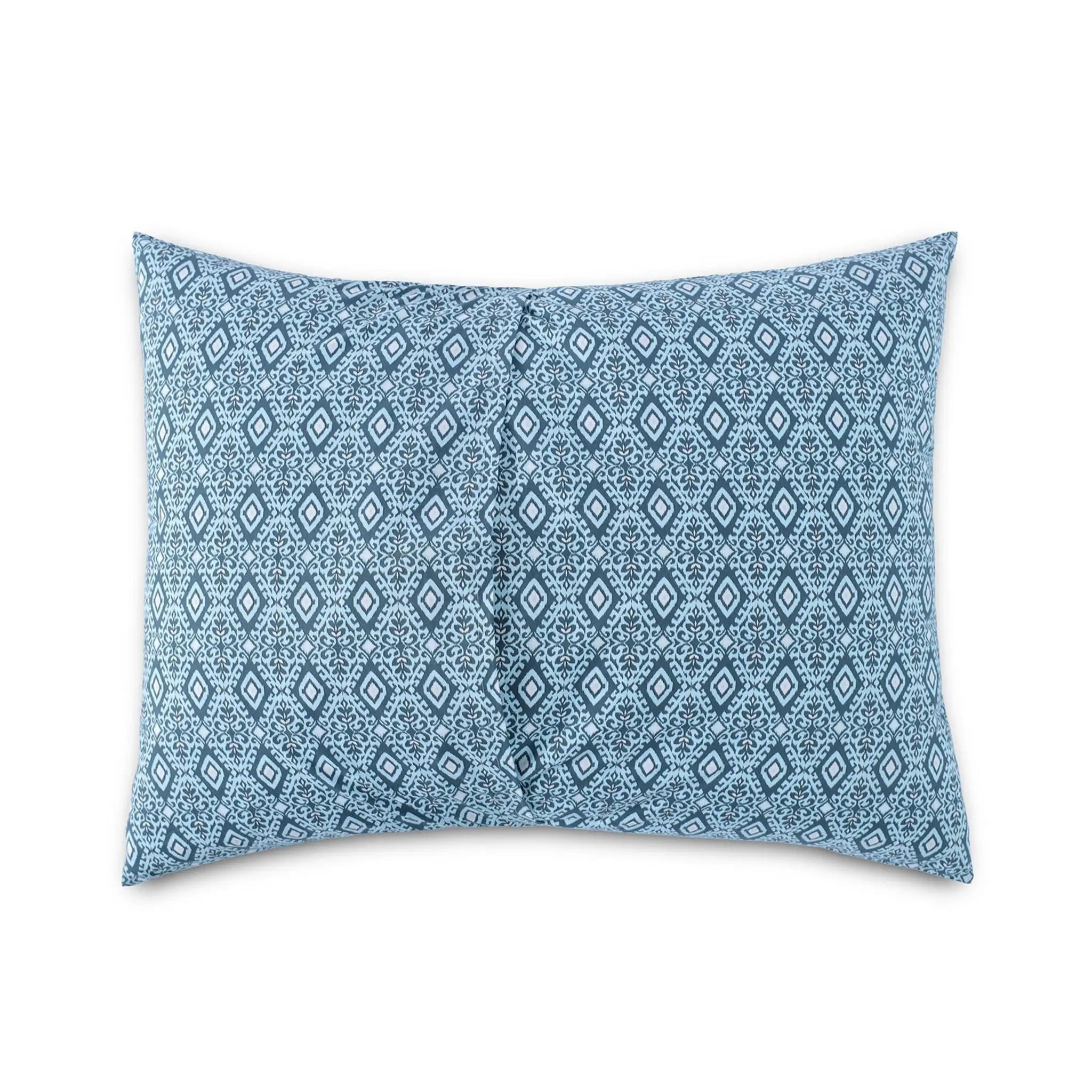 Blue patterned pillow sham reverse side on a white background