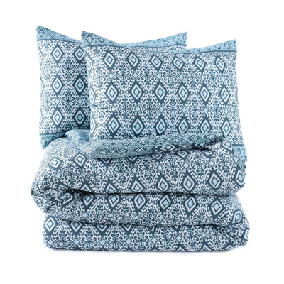 Blue and white patterned comforter set on a white background