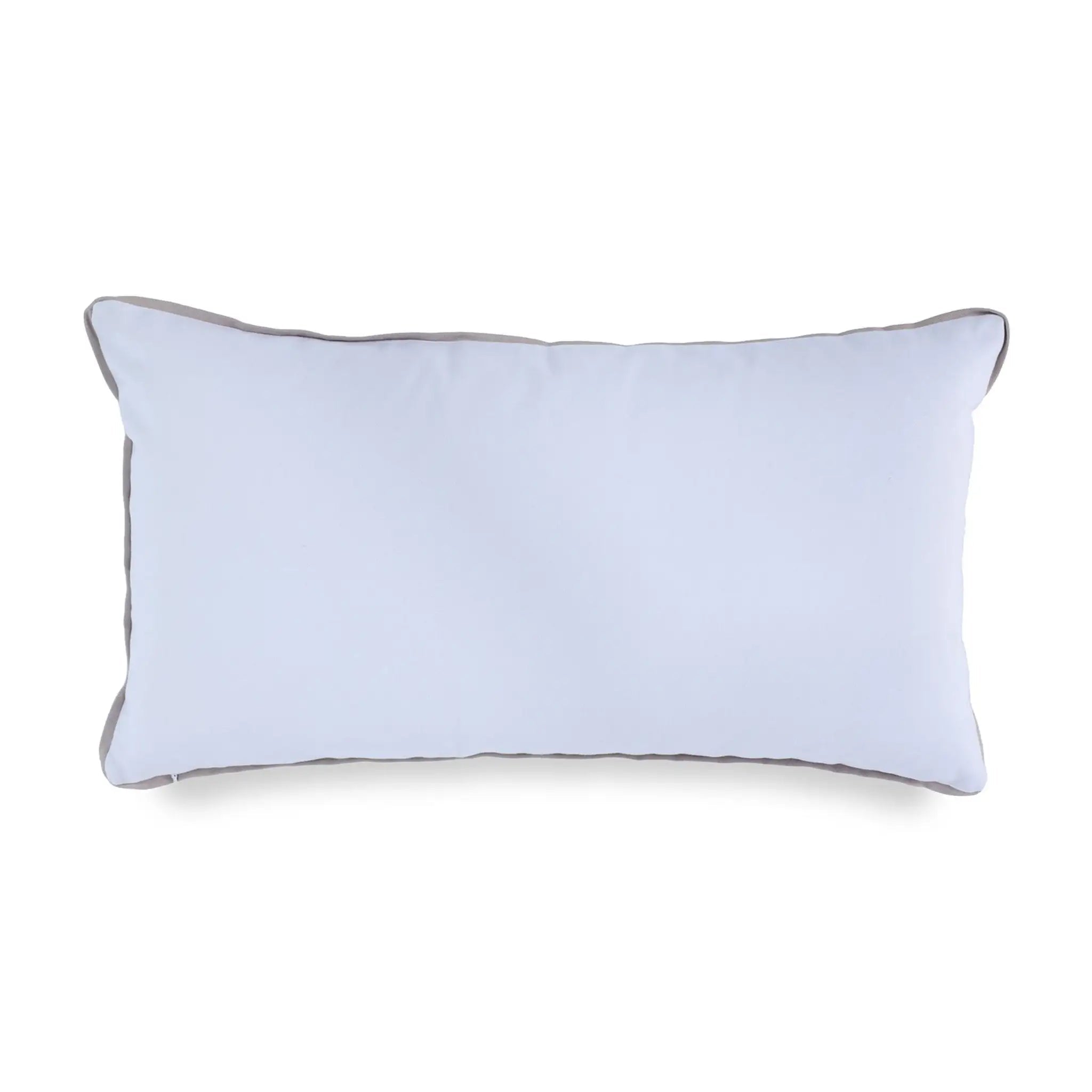 A rectangular lumbar pillow in a very pale icy blue or periwinkle color, finished with a contrasting medium gray piped edge, shown on a plain white background.