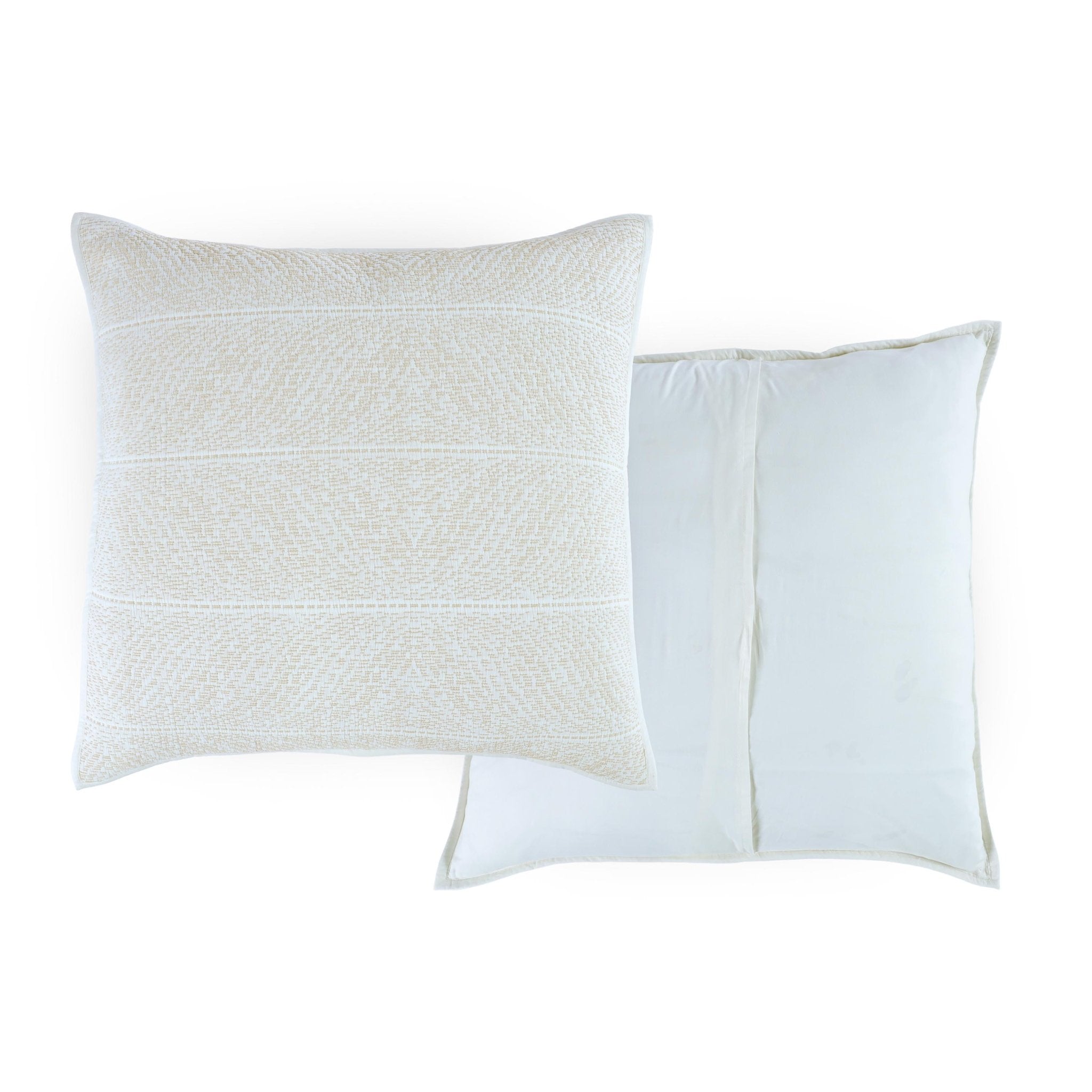 Two pillows on a white background, featuring a textured front side and a plain reversible side.
