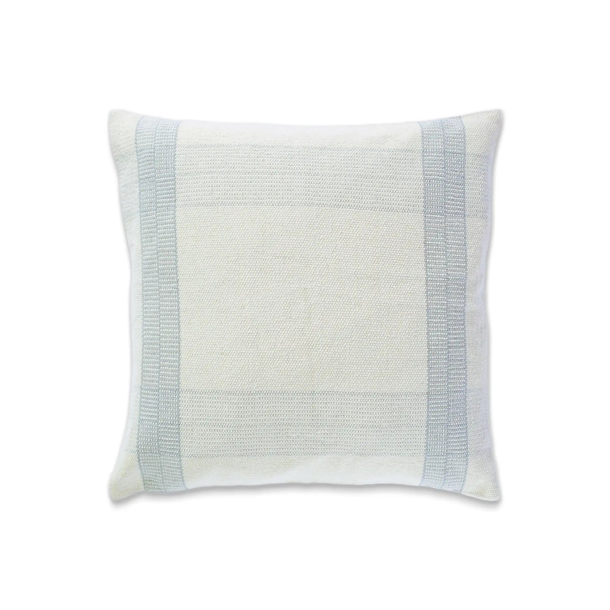 A square throw pillow in a textured off-white fabric with light blue vertical stripes on the sides, shown against a plain white background.
