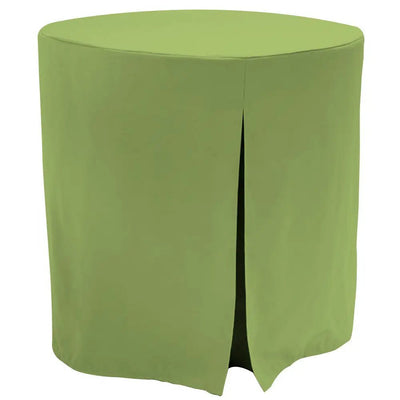 A pistachio color tablecloth with a front slit, shown on a round table against a plain white background.