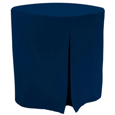 A sapphire color table cover fitted over a round table, shown against a plain white background.