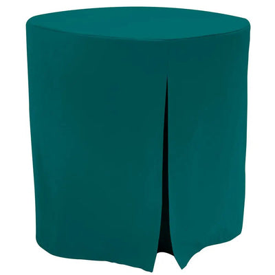A teal table cover draped over a round table, featuring a central front slit, shown against a plain white background.