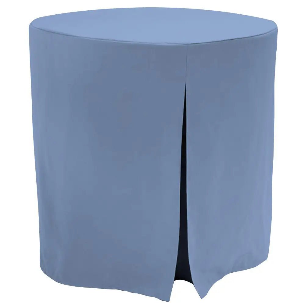 A light blue table cover draped over a round table, featuring a front center split seam, shown against a plain white background.