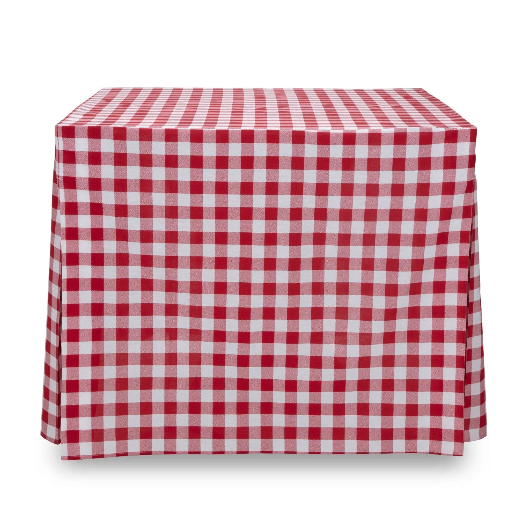 A rectangular table covered with a red and white gingham checkered tablecloth, shown against a plain white background.