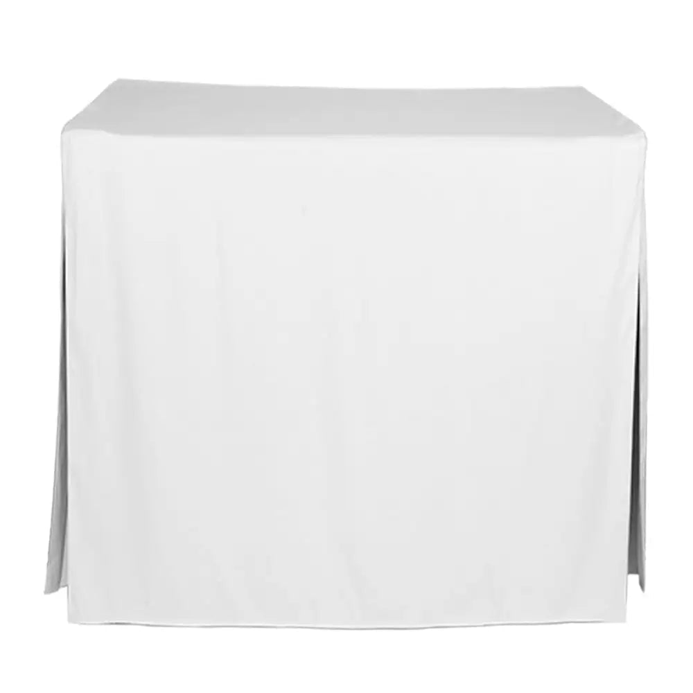 A plain white tablecloth draped over a rectangular table, shown against a white background.