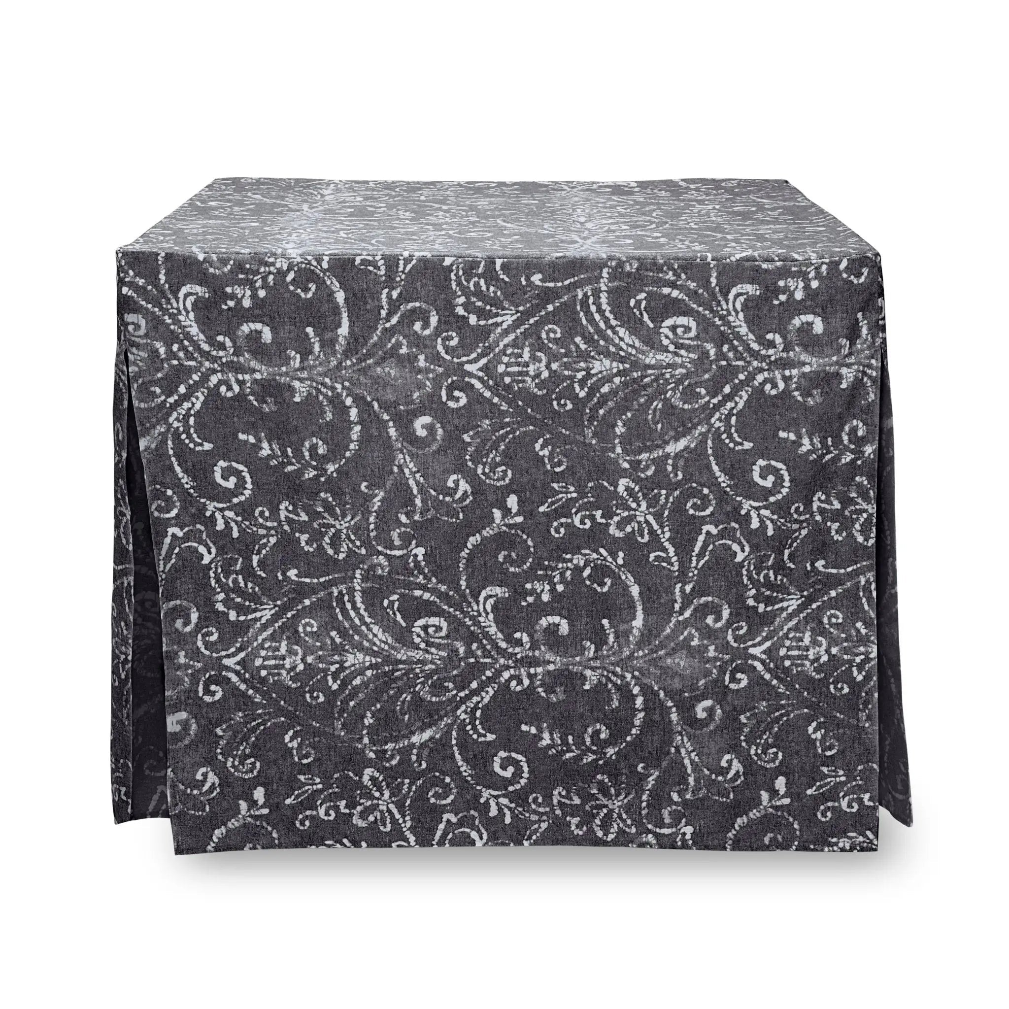 A square tablecloth with a dark charcoal gray background and a white baroque-style damask scroll pattern, shown on a clean white background.