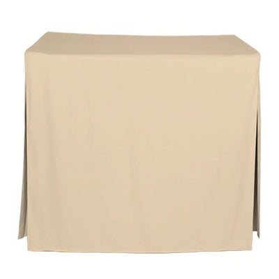 A beige tablecloth draped over a rectangular table, shown against a plain white background.