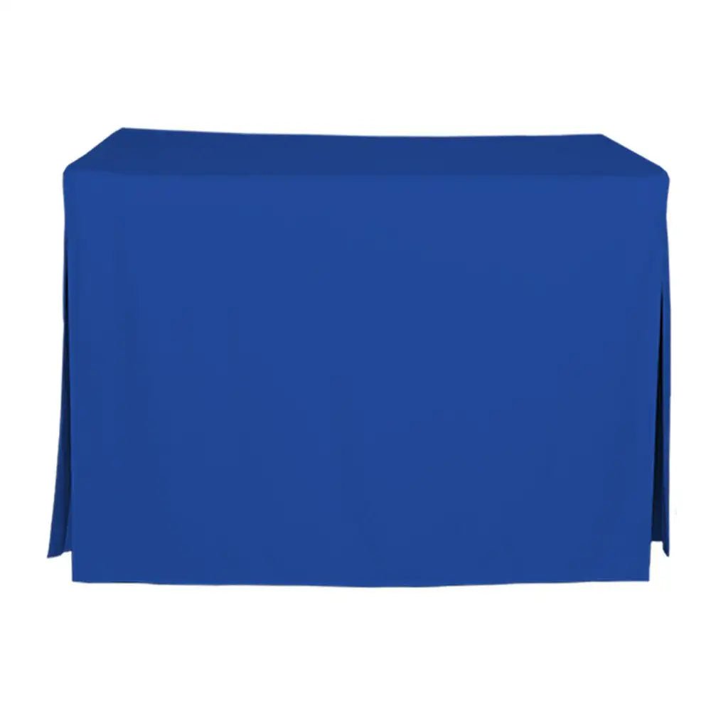 A royal blue tablecloth draped over a rectangular table, shown against a plain white background.