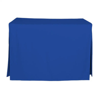 A royal blue tablecloth draped over a rectangular table, shown against a plain white background.
