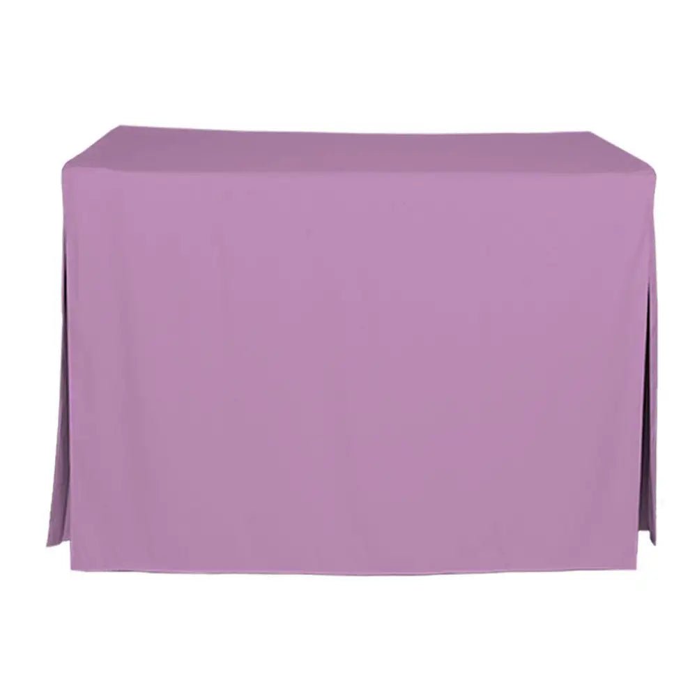 A rectangular table covered with a lavender purple tablecloth, shown against a plain white background.
