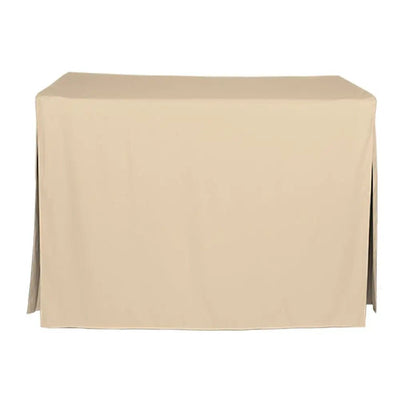 A beige tablecloth draped over a rectangular table, shown against a plain white background.