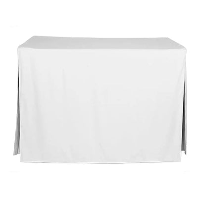 A plain white rectangular tablecloth draped over a table, shown against a solid white background.