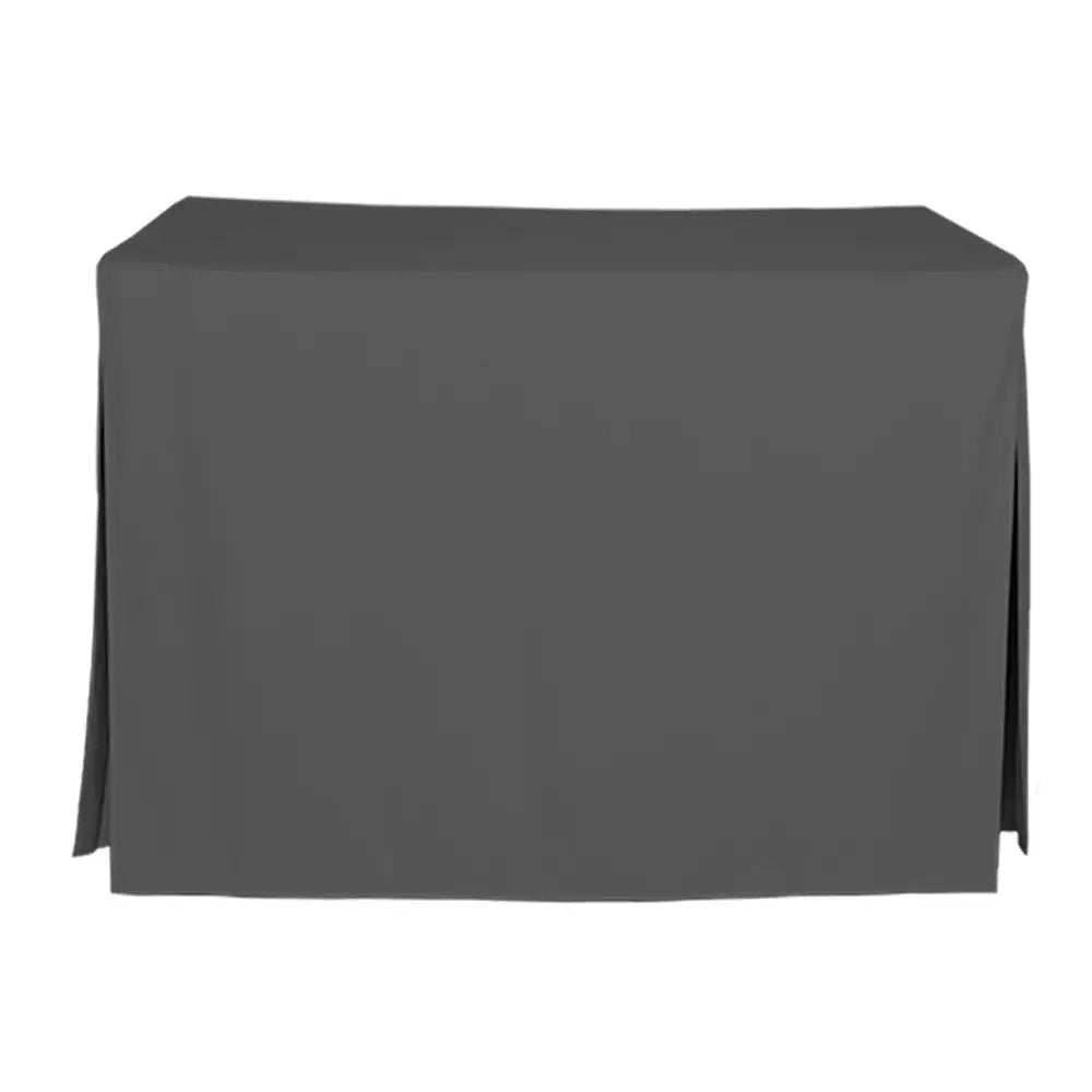 Dark gray tablecloth on a rectangular table against a white background