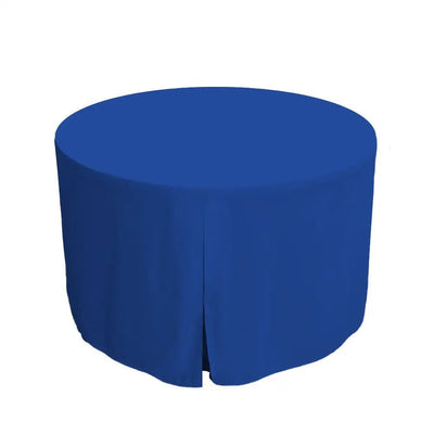 A royal blue round tablecloth draped over a cylindrical table, shown against a plain white background.