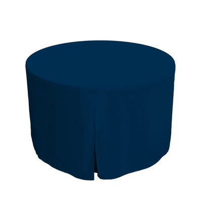 A sapphire blue round tablecloth with a gathered skirt, shown on a plain white background.