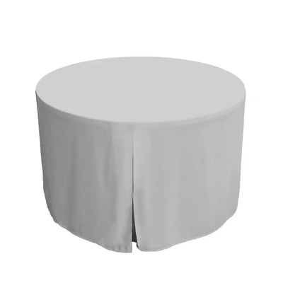 Round table with a silver fitted cover on a white background