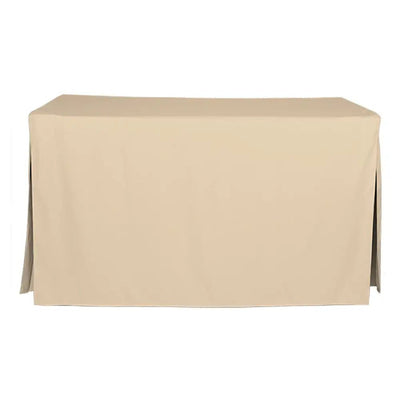 A natural color table cover draped over a rectangular table, shown against a plain white background.