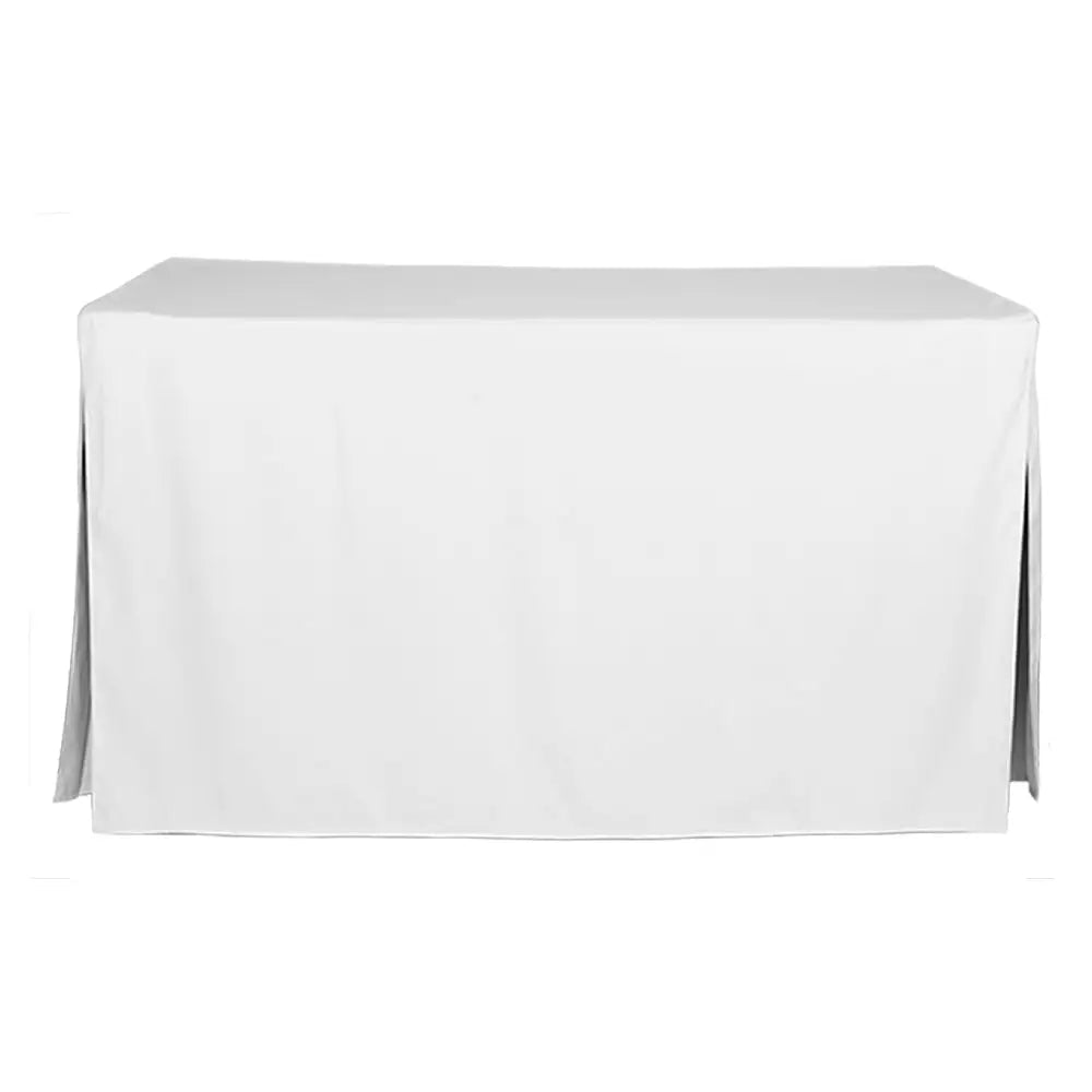 A plain white rectangular table cover draped over a table, shown against a solid white background.