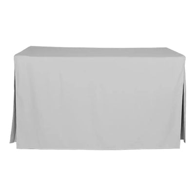 Rectangular table with a silver table cover on a white background