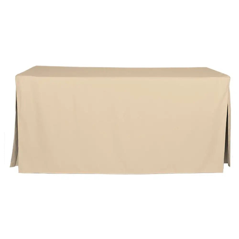 A rectangular table covered with a plain natural color tablecloth, shown against a solid white background.
